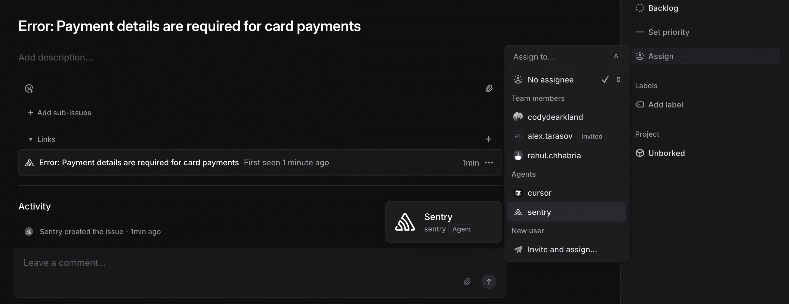 Select Sentry Agent for Linear