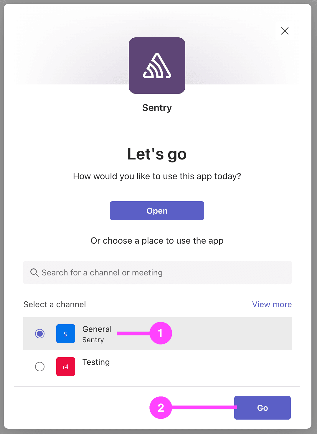 Microsoft Teams installation modal with channel selection